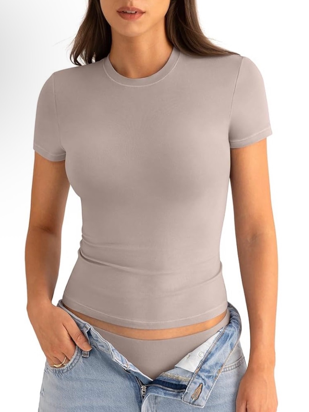 Women's Crewneck Short Sleeve Top - Taupe
